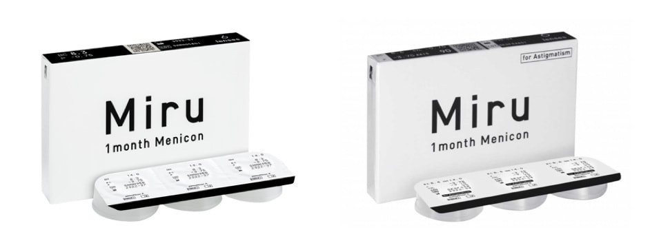 Menicon Miru 1month contact lenses available in standard, astigmatism and multifocal prescriptions.